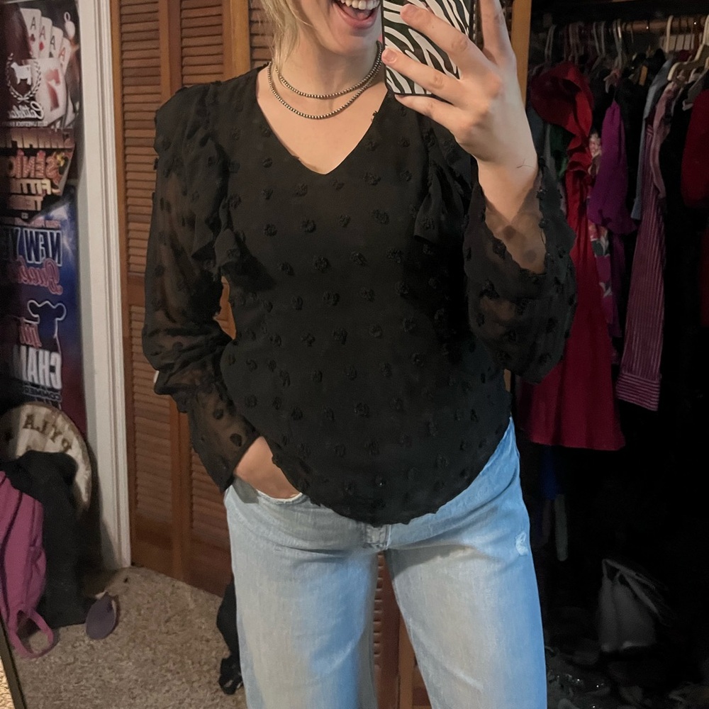 Black polka dot ruffle sleeve blouse